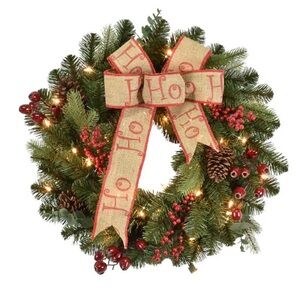 Puelo Prelit Christmas Pine Evergreen Wreath Burlap Bow Berries Pinecones NIB